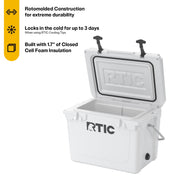 Rtic 89292763 20 QT Ultra-Tough Rotomolded Hard-Sided Ice Chest Cooler, White, Fits 30 Cans