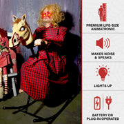 FRASHP Haunted Hill Farm 3.2 Ft Rocking Horse Girl Animatronic with Voice and Sound Activation, Glowing Eyes, Indoor and Covered Outdoor Halloween Decoration