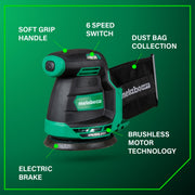 Metabo HPT 18V MultiVolt Cordless 5-Inch Random Orbital Sander, Brushless Motor, Variable Speed, Electric Brake, Lightweight, Green, SV1813DAQ4