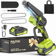 Pulituo Mini Cordless Chainsaw, 6-Inch Electric Handheld Battery-Powered Saw, 4020 RPM Motor, Lightweight Green Design