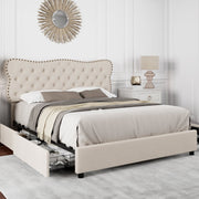Homfa HOS-UP-040 Linen Upholstered Storage Platform Bed Frame with Button Tufted Headboard, Noise Free, Beige, Queen