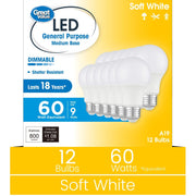 Great Value A19 LED Light Bulb, 9W (60W Equivalent), Dimmable, Soft White 2700K, E26 Medium Base, 12-Pack