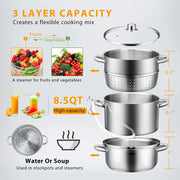 SPECSTAR 8.5-Qt Stainless Steel Fruit Steamer Juicer, 3-Layer Design, Tempered Glass Lid, Hose Clamp, Loop Handles