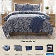 VCNY Home Damask 5-Piece Blue Jacquard Comforter Set, Full/Queen, Hypoallergenic, All-Season, MSD566170522026