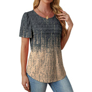 Fantaslook Women Blouses Dressy Casual Summer Short Sleeve Shirts Crew Neck Pleated Tunic Tops, Size:L, Gradient Grey