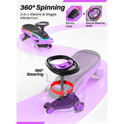 ZIFFY Electric Wiggle Car, 6V 5.5Ah Rechargeable Battery, 2 Speed Ride-On Toy with LED Wheels, Triple Anti-Rollover Safety, Purple