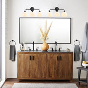 Reagan Bathroom Vanity Light Fixture, Triple Mouth-Blown Glass Globes, Matte Black Steel Frame, Dimmable, Damp Rated, 22 in