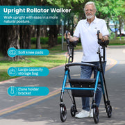 Cosywill Upright Rollator Walker with Adjustable Height, Backrest Seat, All-Terrain Wheels, Lightweight Folding Design, Blue, T21504A