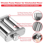 Wiselet 3 In 1 Pasta Maker Attachment for KitchenAid Stand Mixer, Stainless Steel Pasta Sheet Roller, Spaghetti and Fettucine Cutter, Adjustable Thickness, Heavy Duty