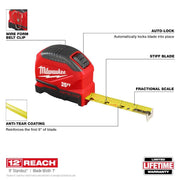Milwaukee Auto-Lock Tape Measure 25 ft with Fractional Scale Compact Durable Design 48-22-1825