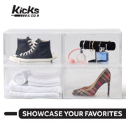 Kicks & Co XL Clear Plastic Stackable Shoe Storage Box with Magnetic Front Door and Ventilation Slots for Sneakers up to Size 13, 4 Pack