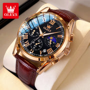 OLEVS Chronograph Men's Sport Watch, Luxury Classic Business Design, Brown Leather Strap, Waterproof, Luminous Analog Quartz, 40mm, 2871