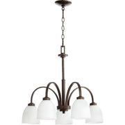 Quorum Lighting Transitional Five Light Chandelier with Oiled Bronze Finish and Satin Opal Glass Shades, 26-Inch