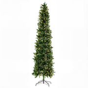 MCQ 9-Foot Pre-Lit Fraser Fir Pencil Artificial Christmas Tree, 500 Incandescent LED Lights, 8 Warm Light Modes, Green