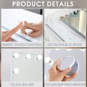 COOLJEEN Large Hollywood Vanity Makeup Mirror with 15 LED Lights, Adjustable Brightness, 3 Color Modes, 10x Magnification, White Metal Frame, Wall Mount and Tabletop, 5846NU-White