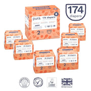 Pura Sustainable Totally Chlorine Free (TCF) Diapers Size 2, 174 Count (Choose Your Size and Count)