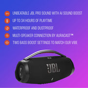 JBL Boombox 4 Portable Waterproof Bluetooth Speaker, Black, 34 Hours Playtime, AI Sound Boost, Multi-Speaker Connection
