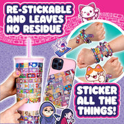 Sticki Rolls Sticki Book Series 2, Wearable Bracelet with 12 Kawaii-Themed Holographic Sticker Rolls, Interactive Laminated Sticker Organizer, Quick-Grip Clasp