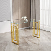 ZENHO Outdoor Dining Table, Modern Rectangular, Golden Stainless Steel Frame, Reinforced Transparent Glass Top, Seats 6, 60 in