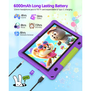 FITIFUN Kids Tablet M10, 10.1 Inch HD Display, Android 15, Quad-Core Processor, 12GB RAM, 64GB Storage, 1TB Expandable, 6000mAh Battery, Purple