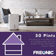 Freonic FHCD501PWG 50 Pint Dehumidifier with Built-In Pump, LED Display, 24H Timer, Auto Shut-Off, Wheels, Bathroom, Basement, Bedroom, and Rooms up to 4,500 Sq. Ft - White