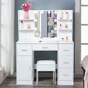 Yamissi 3075 Makeup Vanity Set with Stool, LED Mirror and Lights, White Dressing Table with 5 Drawers