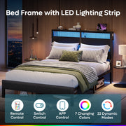 Bestier Queen Size Platform Bed Frame with Storage Headboard, LED RGB Lights, USB Charging Station, Metal, Black