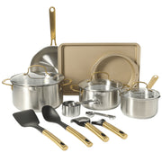 Gibson Home 55-Piece Cookware Set with Stainless Steel Pots and Pans, Nonstick Bakeware, Nylon Utensils, Gold Handles