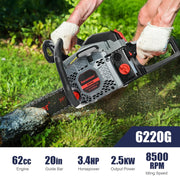 Garwinner 6220G Gas Chainsaw 20 inch 6220G 62CC 2-Stroke Cordless Chainsaw for Farm/Garden/Ranch/Wood Black