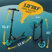 Welmotive Kick Scooter for Kids Ages 6+ Teens and Adults, Foldable with Adjustable Handlebars, Front Handbrake and Rear Brake, 8in LED Flash Wheels, Black, D009