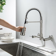 GULICA Wall Mount Kitchen Faucet, 8 Inch Center, Pull Down Sprayer with Three Functions, Commercial Style, Brushed Nickel