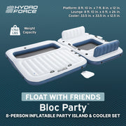 Hydro-Force Bloc Party Inflatable Pool Float, Modular 8-Person Party Island with Floating Cooler, Detachable Lounge and Platform Sections, Blue and White, 4313RE