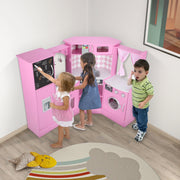 iYofe Kids Corner Kitchen Playset with Lights & Sounds, Play Phone and Curtains, Wooden Kitchen Toys, Pink