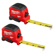 Milwaukee 48-22-1716P Tape Measure 16ft Compact, Fractional Scale, Anti-Tear Coating, Impact-Resistant Body, Finger Stop, 2-Pack