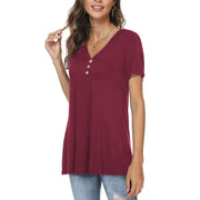Anygrew Womens Summer Short Sleeve Tunic Top, V-Neck, Button Front, Loose Fit Flare, Red, Size L