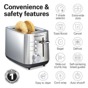 Hamilton Beach Luxe 2-Slice Toaster, Stainless Steel, Extra-Wide Slots, Bagel, Defrost, Toast Boost, Seven Shade Settings, Slide-Out Crumb Tray, Model 22824