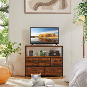 JIOABL TV Cabinet Stand with 5 Fabric Drawers, Adjustable Feet, Rustic Brown