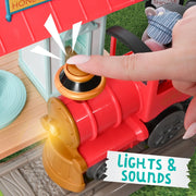 Sunny Days Entertainment Honey Bee Acres Thistlestop Electric Train Station Set, Motorized Train with Realistic Lights and Sounds, Poseable Cow Figure, 19 Pieces