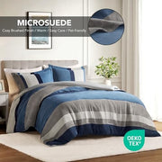 Comfort Spaces Highland Stripe Pieced Faux Suede Comforter Set, Blue, King Size & California King, 3 Piece Luxe Microsuede Bedding AM10-0027