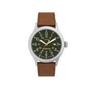 Timex TW4B230009J Men Expedition Scout 40mm Watch, Silver-Tone Case Green Dial with Brown Leather Strap