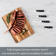 All-Clad Forged Steak Knife Set, 4-Piece, German Stainless Steel Blades, Cryo-Hardened, Black Triple-Riveted POM Handles, 5-Inch Serrated Blades, K272S464