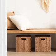 HBlife Wicker Baskets Set of 3 Foldable Hand-Woven Paper Rope Storage Baskets with Handles, Caramel, Large Square Bins 11x10.5x11 in, WCB-LI9084-CA-3P