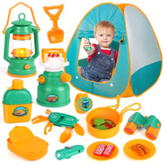 UQN Kids Play Tent Set, 19-Piece Camping Theme, Green Pop-Up Tent, Portable Indoor Outdoor Play Tent for Toddlers Boys 3-6 Years