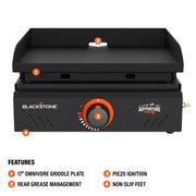 Blackstone Adventure Ready Portable Propane Griddle, Single Burner, 17 in Cooking Surface, Black, 2488