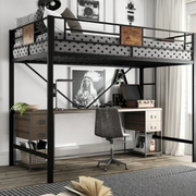 Amolife Metal Twin Size Loft Bed Frame with Stairs & Full-Length Guardrail, Rustic Wood, Black Frame