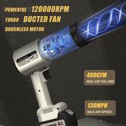 Duomigo Cordless Turbo Dryer Blower, 20V, 120000RPM Brushless Motor, 1600g Thrust, 4-Speed, 4000mAh Battery, Lightweight 2.6 lb, YYT024