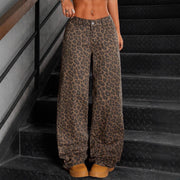 VoyageMartZenithTrend Womens Leopard Print Wide Leg Pants, High Waisted Elastic Waistband, Loose Fit, Long Casual Trousers