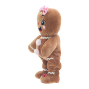 Holiday Time Animated Musical Gingerbread Girl Plush, Brown and White, 12.5 Inch, Pink Bow