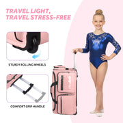 Fegat Dance Duffel Bag with Detachable Garment Rack, Waterproof 300D Oxford Cloth, Lightweight Rolling Costume Suitcase with 10 Pockets, Aluminum Alloy Handle, Pink, 28in