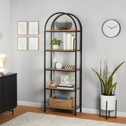 Mainstays MS1525004710001  5-Shelf Metal and Wood Open Bookcase with Arch-Style Top, Warm Walnut Finish